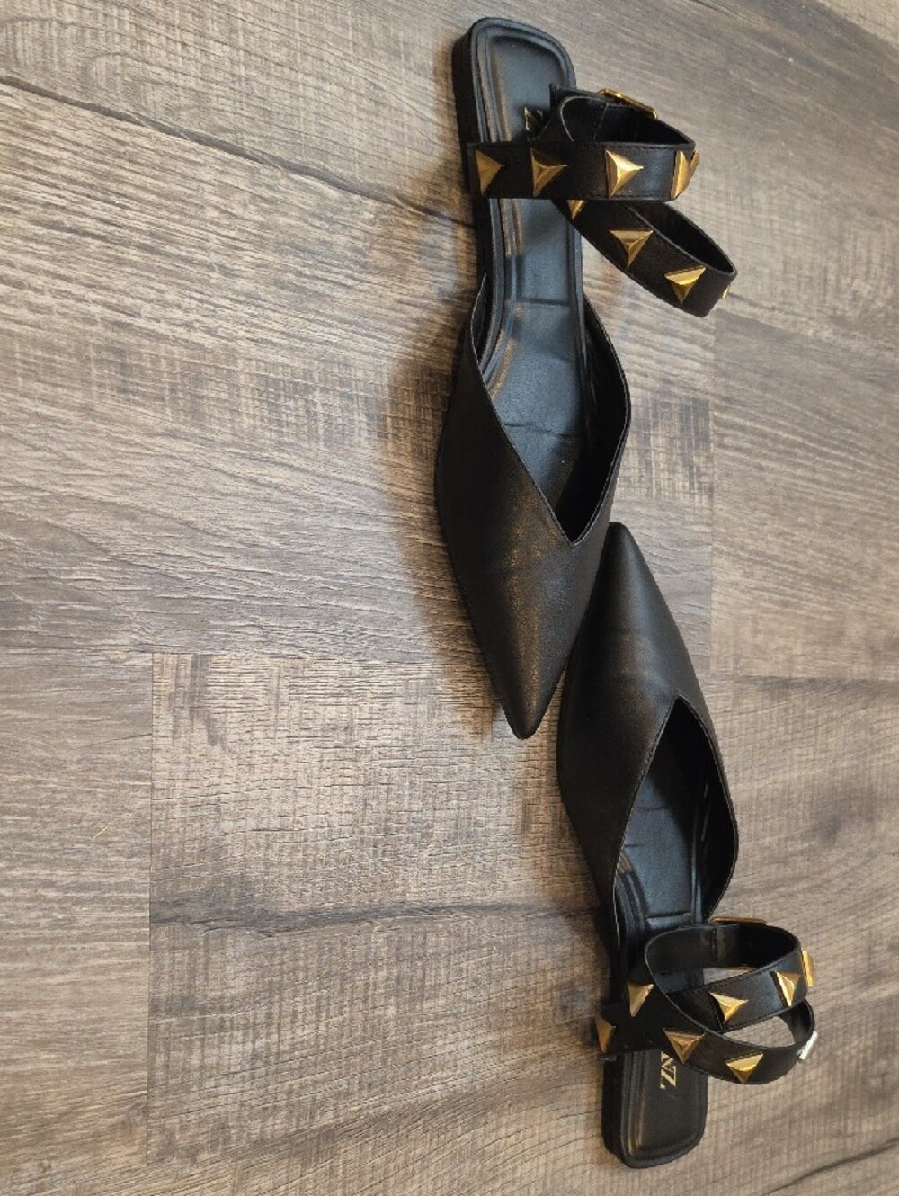 Zara Black Pointed Studded Ankle-Strap Flats with Gold Accents - Picture 3 of 5